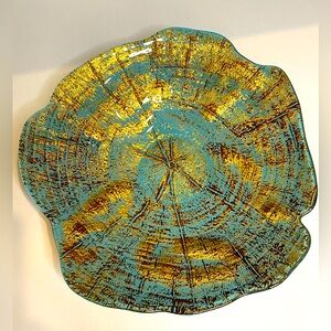 EUC Vtg "Akcam" Metallic Teal and Gold Abstract Design Hand Made Glass Bowl/Dish